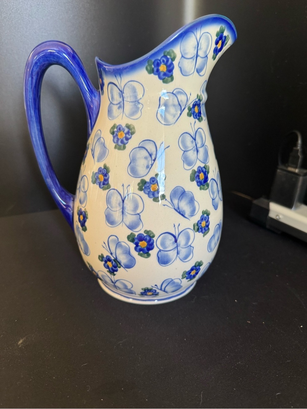 Vintage Andy Polish Pottery Blue Butterfly Floral Ceramic Pitcher